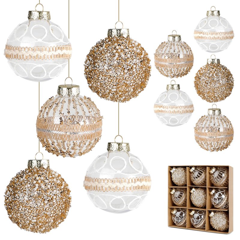 9 Pcs 80mm/3.15" Christmas Ball Ornaments Set, Large Clear Champagne Christmas Tree Decorations Plastic Shatterproof Hanging Balls for Xmas Glitter Farmhouse Boho Ornaments for Holiday Wedding Party