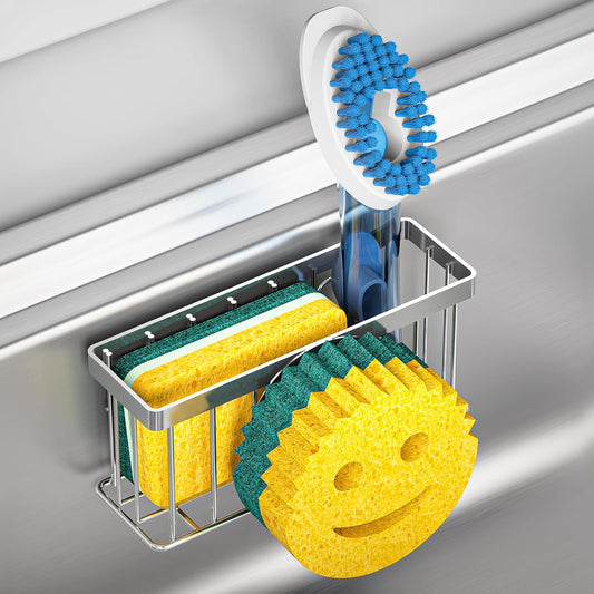 MURLONG Sponge Holder - Smiley Face Sink Caddy with 2 Suction Cups & Adhesive Strip | Silver