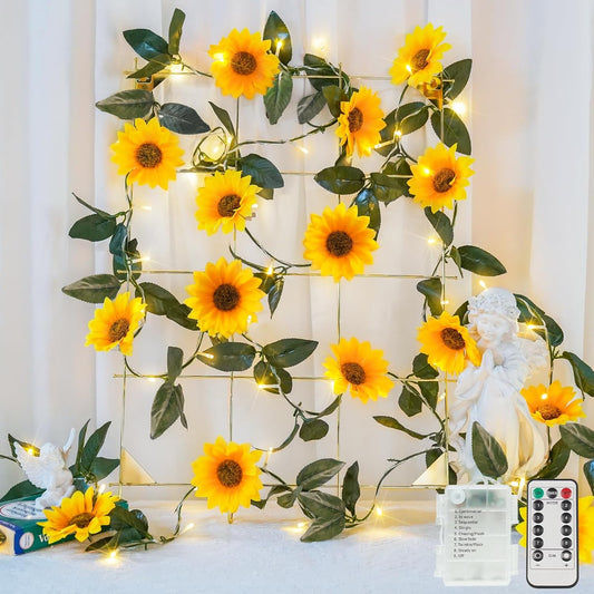 Suddus Artificial Sunflower Garland - 60 LED Fairy Lights | Battery Operated Indoor/Outdoor Decor (Warm White)