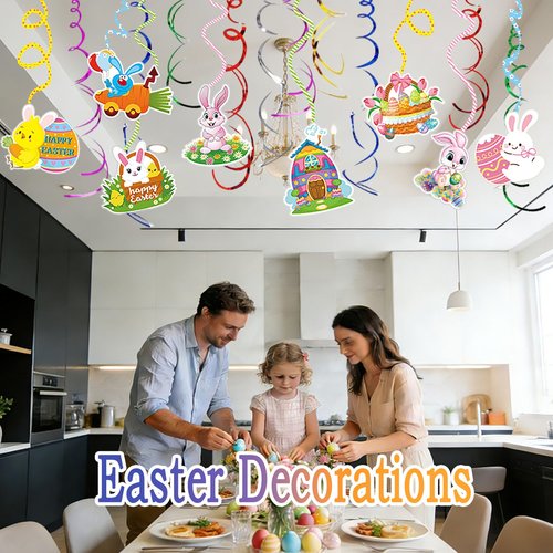 Easter Decorations for Home Decor - Easter Danner Kit, Happy Easter Banners with 3D Bunny Backdrop for Photography Birth Party Favors for Class Office Ceiling Decor Yard Garden Outdoor