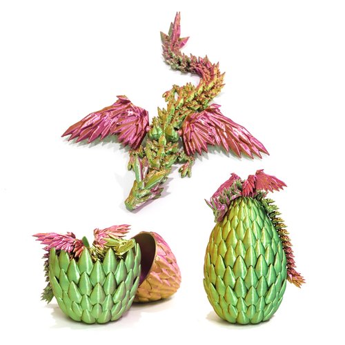 Flavery 3D Printed Flying Dragon in Egg - Easter Basket Stuffers, Easter Surprise Egg with Flexible Winged Dragon Inside, Mystery Fidget Toy, Birthday Gift, Desk Figure Decor (Green Pink Gold)