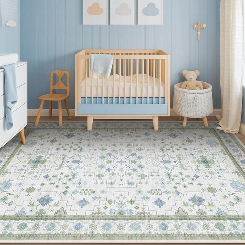 Hazo Haus Oushak Area Rug - Vintage Boho Floral Geometric Design, 5x7, Washable Low Pile, Non-Slip