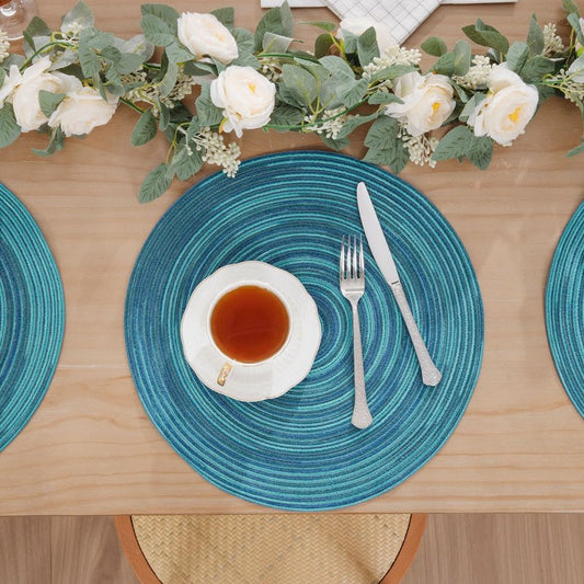 SHACOS 15 inch Round Placemats Set of 6 Variegated Multicolor Place Mats Cotton Polyester Braided Non Slip Washable Heat Resistant Table Mats for Home Wedding Dinner Party Table Decor, Rainbow Teal