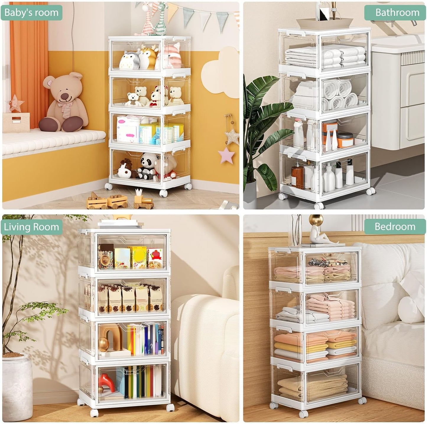 Kmiectse Clear Storage Bins - 4-Tier Stackable Plastic Bins with Lids & Wheels | 23 QT Closet Organizer for Bedroom & Living Room