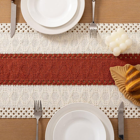 Socomi Boho Table Runner Macrame Summer Farmhouse Woven Cotton Linen Rustic Table Runner with Tassels for Dresser Scarf Home Decor Dining Room 12x90 inch Terracotta Ivory
