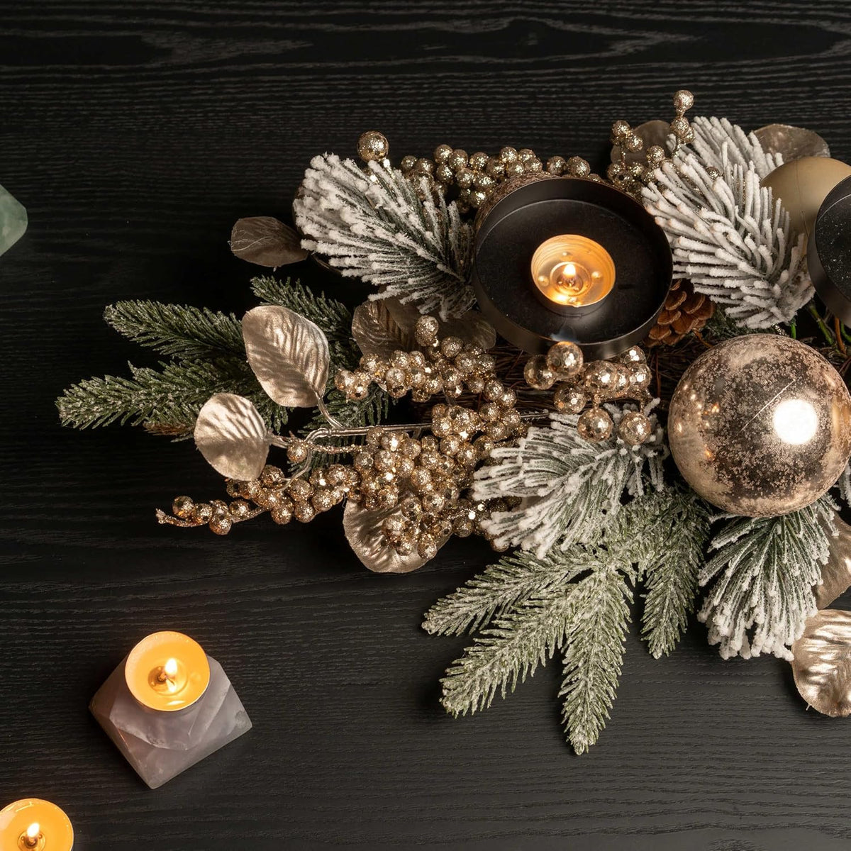 YULETIME 28" Christmas Triple Candelabrum - Elegant Holiday Candle Holder with Gold Baubles & Flocked Pine Needles
