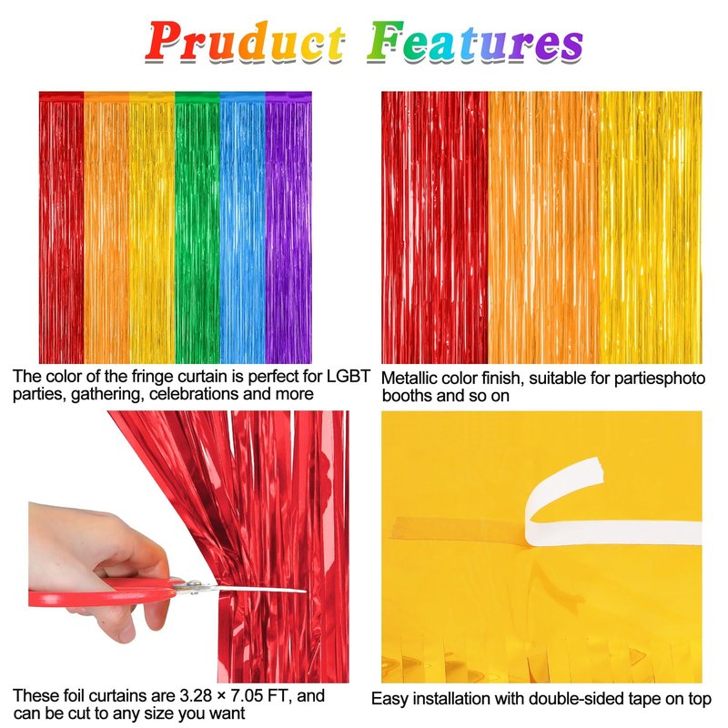 2 Pack Rainbow Backdrop Curtains, 3.28 FT x 7.05 FT Colofull Party Decorations, Metallic Tinsel Backdrop Fringe Curtains Party Streamer, Rainbow Party Supplies for Wedding Birthday Party Engagement