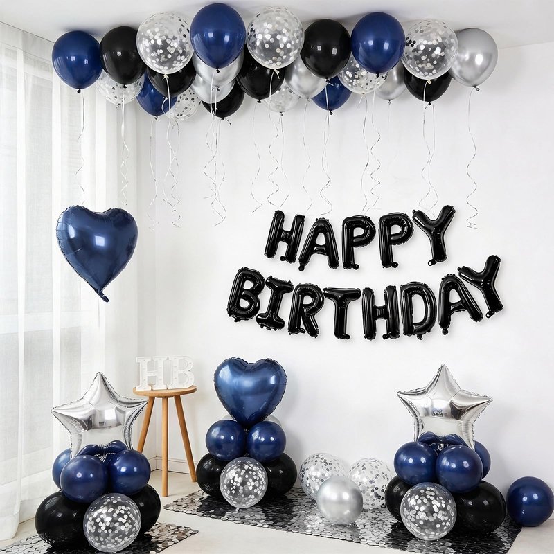 Navy Blue and Black Birthday Decorations for Men,Blue Black White Balloons Happy Birthdays Balloon Banner Silver Confetti Balloons for Men Boy Girls Women Adults Birthday Party Decorations