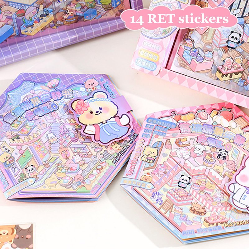 SZXYCZL Cute Miniature Scene 14 Sets DIY 3D Stickers Scene Book Multiple Scenarios, Make You Own Mini House Sticker Therapy for Teen Adult Relief Pass The Time-Cute Land