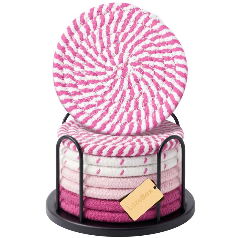 Lazebox Coasters Set of 8 for Drinks, 4 Inch Large Coasters for Coffee Table, Tabletop Protection for Hot & Cold Drinks, Versatile Coasters for Home Decor, Non-Slip & Easy to Clean, Pink