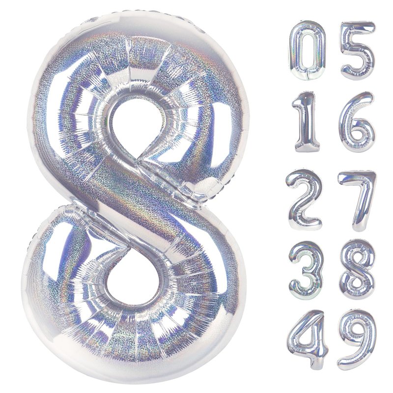 Laser Silver 8 Balloon, Number Balloons 40 Inch, 8th Birthday Decorations for Girls, Birthday Balloons, Laser Silver Party Supplies, Number 8 Balloon