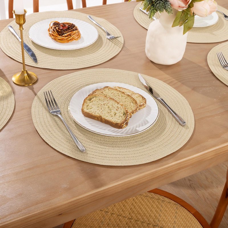 SHACOS 15 inch Round Braided Placemats Set of 6 Cotton Polyester Heat Resistant Table Mats Washable Place Mats for Dinner Party Table Decoration (Light Beige, 6)
