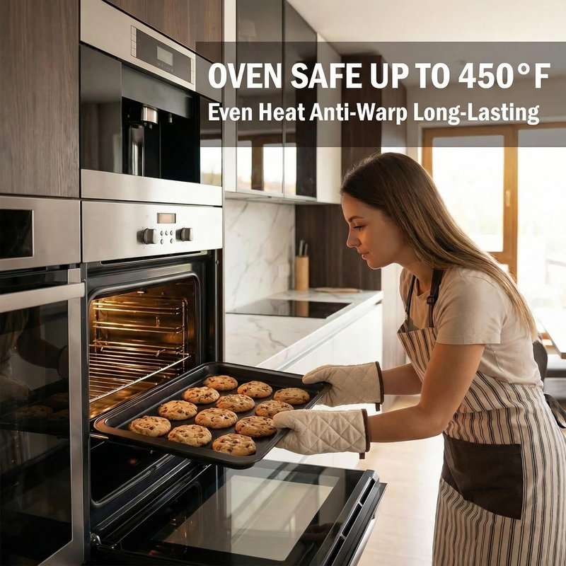 Baking Sheet Pan Set of 3, Nonstick Stackable Bakeware, Multi-Depth Rectangle Oven Pans, Rust & Warp Resistant Black, Easy Clean