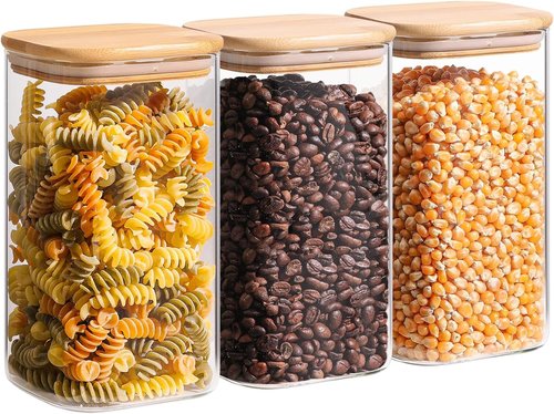 ComSaf Glass Storage Containers - 1.4 Qt Clear Jars with Lids | Set of 3 Square Canisters for Pantry Organization