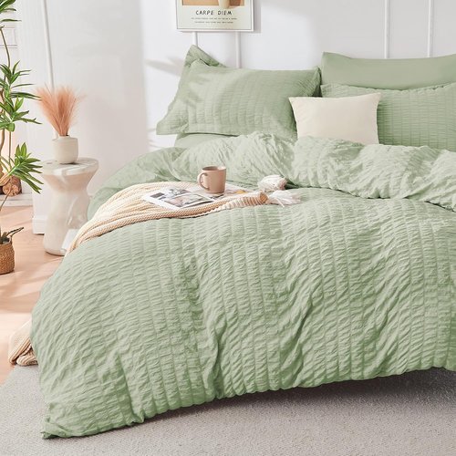 HYMOKEGE King Size Comforter Set - Light Green Seersucker 7-Piece Luxury Bedding Set | All-Season Comfort