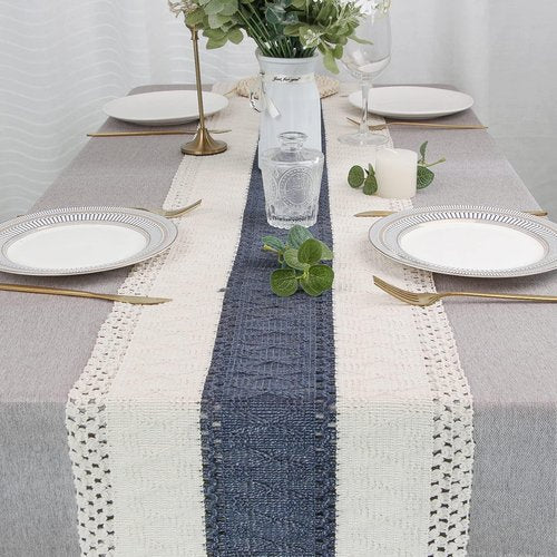 FEXIA Boho Table Decor 48 Inch Cream & Blue Macrame Runner with Tassels for Boho Dining & Bedroom Decor Rustic Bridal Shower (12x48 Inches)