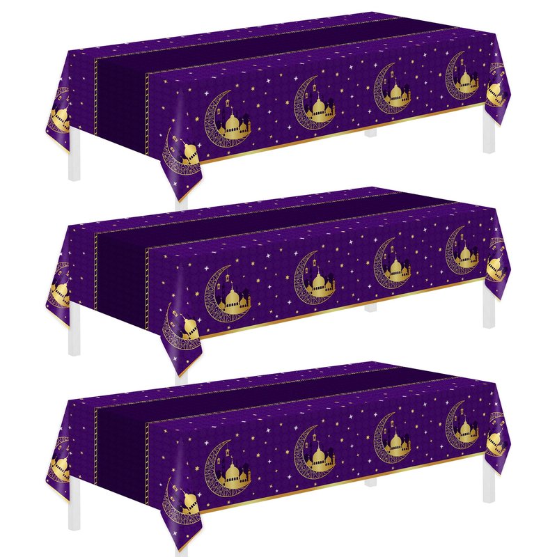 Childom 3 Pack Ramadan Table Cloth,Ramadan Decorations for Home,54" x 108" Eid Mubarak Decorations,Eid Ramadan Tablecloth Rectangular,Purple Plastic Table Cloth Disposable Table Cover for Party Favors