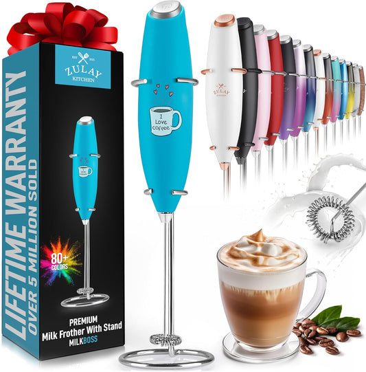 Zulay Kitchen Milk Frother Wand - Ultra-Fast Handheld Electric Whisk for Coffee, Lattes & Matcha - Love Coffee Blue