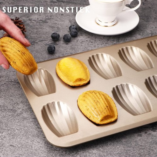 HONGBAKE Nonstick Madeleine Pan - 12-Cavity Heavy Duty Baking Tray Set | Champagne Gold Finish