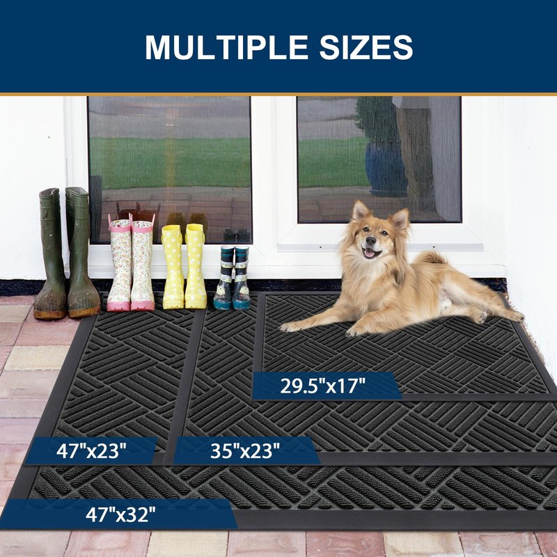Smiry Front Door Mat Outside Entrance, Heavy Duty Outdoor Indoor Natural Rubber Doormat, Non Slip, Trap Dirt and Moisture, Easy Clean, Low Profile Patio Porch Entryway Mat, 29.5x17, Black