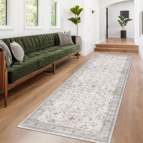 Hazo Haus Boho Hallway Runner - Light Gray & Taupe, Washable, Non-Slip, Stain Resistant 16ft Rug