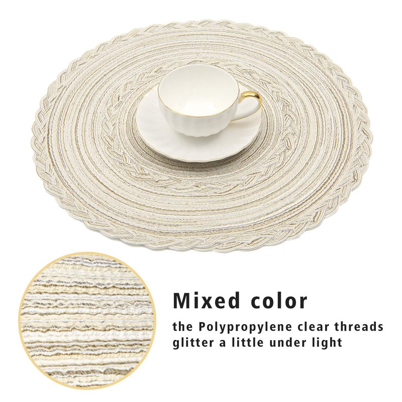 SHACOS Round Placemats Set of 4 Boho Braided Border Place Mats for Dining Tables Wedding Holiday Party (Ivory Bordered, 4)