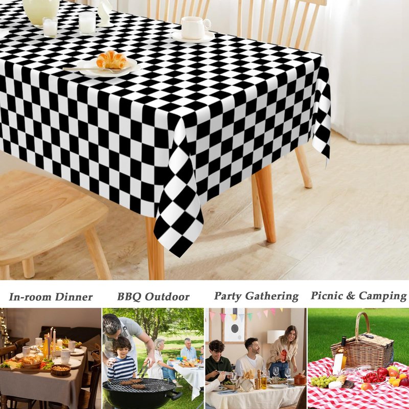Mulbozy 2 Pcs Checkered Tablecloth Plastic for Birthday Decor, 54 × 108 inches Disposable Black and White Checkered Table Covers for Baby Shower, Race Car Birthday Party Decorations
