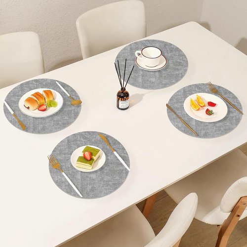 Homaxy Round Faux Leather Placemats and Coasters, Washable Dual-Side Table Mats, Wipeable Heat-Resistant Dining Place Mats for Outdoor and Indoor, Set of 6, Diameter 13 and 3.93 inch, Light Grey