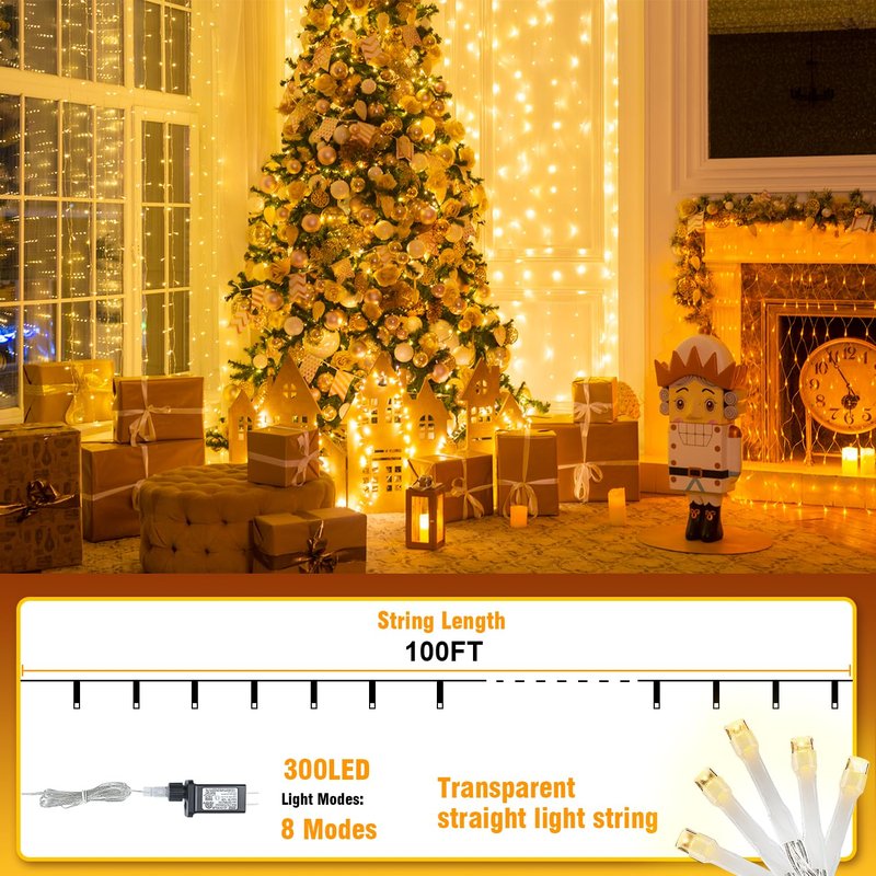 WASTROYAL 100FT Warm White String Lights – 300 LED Extra Long Waterproof Fairy Lights on Clear Wire, Plug-in Indoor Outdoor Decorations for Christmas, Wedding, Patio, Bedroom, Party