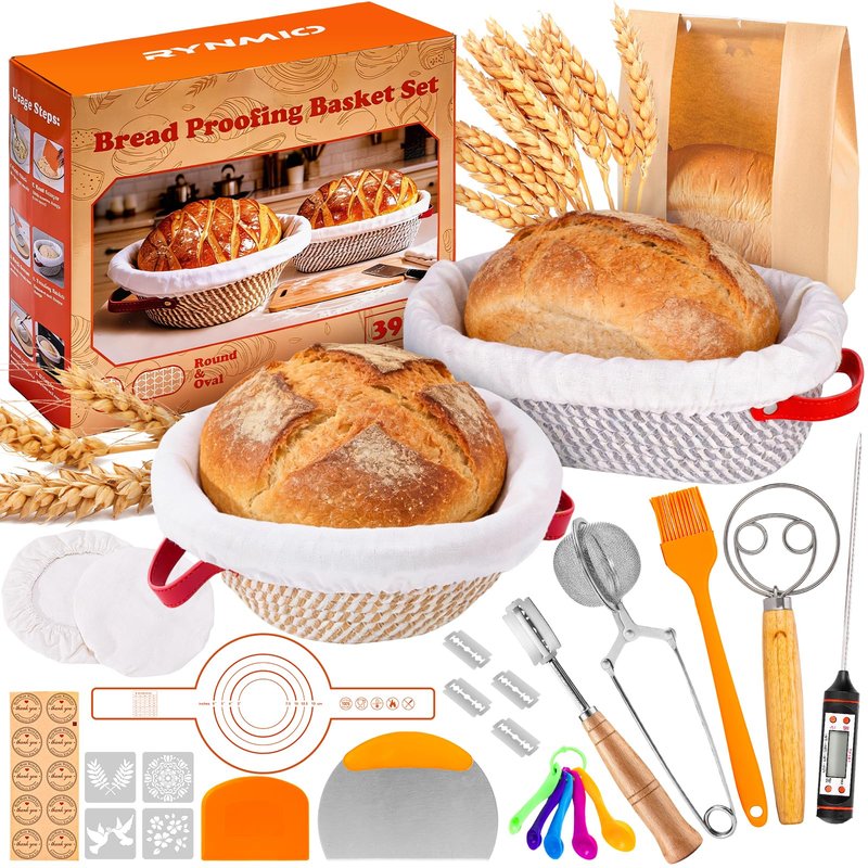 Sourdough Bread Baking Supplies, Cotton Rope Sourdough Starter Kit with 9'' Round & 10'' Oval Banneton Basket with Non-Stick Dutch Oven Liner & Covers, Sourdough Gift for Bakers Women Wife Mom(39pcs)