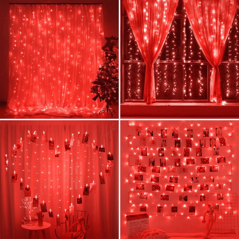 SUNNEST LED Curtain Lights Christmas, 300 LEDs 9.8FT x 9.8FT USB Curtain String Light with 8 Lighting Modes Wall Lights with Remote Control, Twinkle Light for Bedroom Decoration (Red)