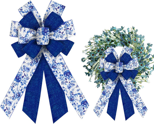 Skiennix Large Spring Bows - Blue Linen Flower Burlap Ribbon for Wreaths & Decorations