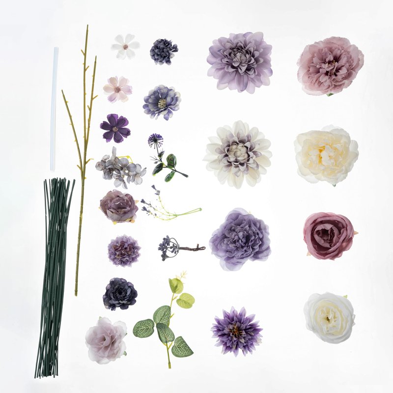 Khyxvbcd 30 Pcs Artificial Flowers Combo Purple Flowers Mix Silk Flowers Dahlia Roses with Stems for DIY Wedding Bridal Bouquets, Baby Shower, Floral Arrangement, Table Centerpieces, Home Decorations