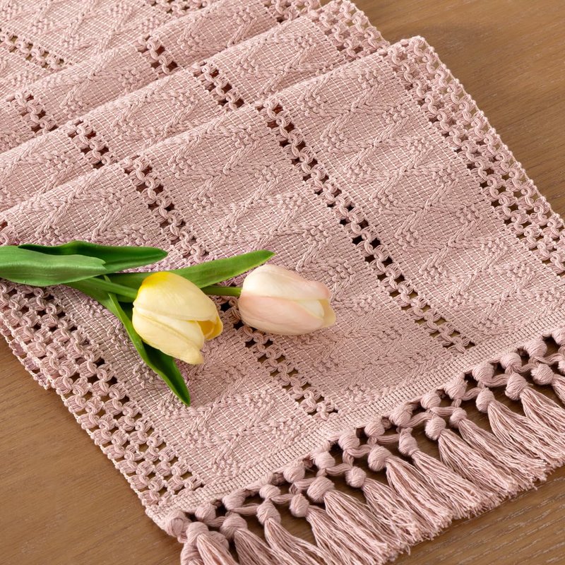 Socomi Boho Table Runner Summer Farmhouse Rustic Dining Kitchen Centerpiece Decor Small Macrame Woven Cotton Linen Coffee Table Runner for Dresser Scarf Home Decor 12x60 in Pink