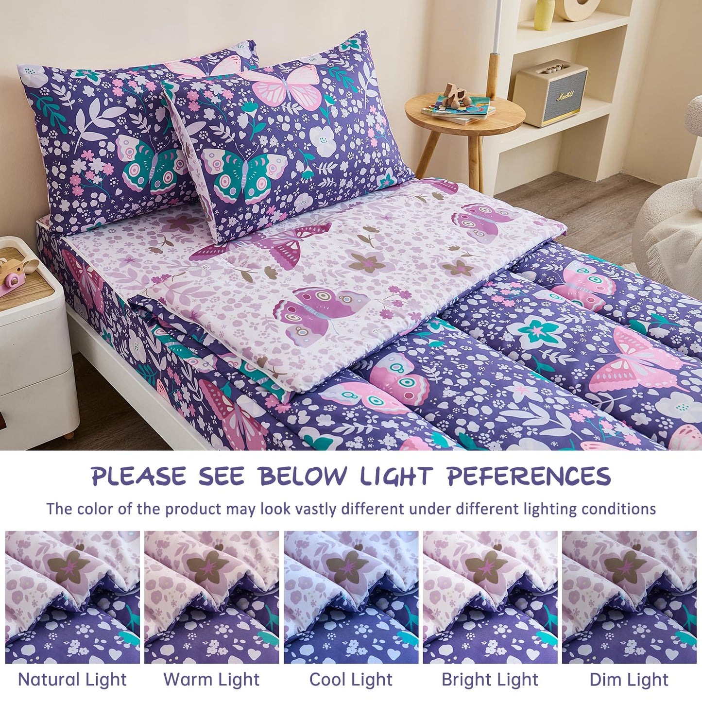 Anibedding 3Pcs Zip Up Bedding Comforter Set for Girls, Purple Butterfly All in One Zipper Twin Bedding Set with Pillowcase for Kids