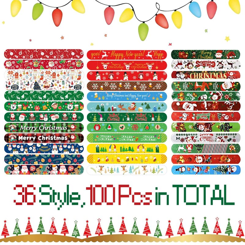 100Pcs Christmas Slap Bracelets, Christmas Party Favors for Kids, Christmas Stocking Stuffers, Christmas Toys for Kid and Children, Party Gift Bag Filler Supply