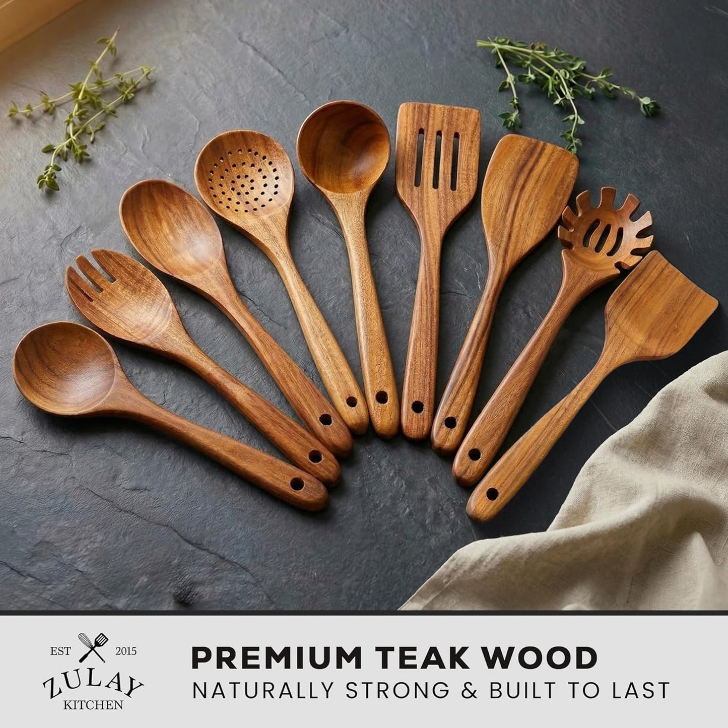 Zulay Kitchen 9-Piece Teak Wood Cooking Utensil Set - Non-Toxic, Non-Stick Wooden Spoons & Tools | Comfortable Grip & Smooth Finish