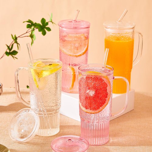 GOSCHE Glass Cups with Lids and Straws, 24oz Clear Iced Coffee Cups with Handle, Glass Tumbler with Straw and Lid for Smoothie Water Tea Juice, Clear, 2 Pack