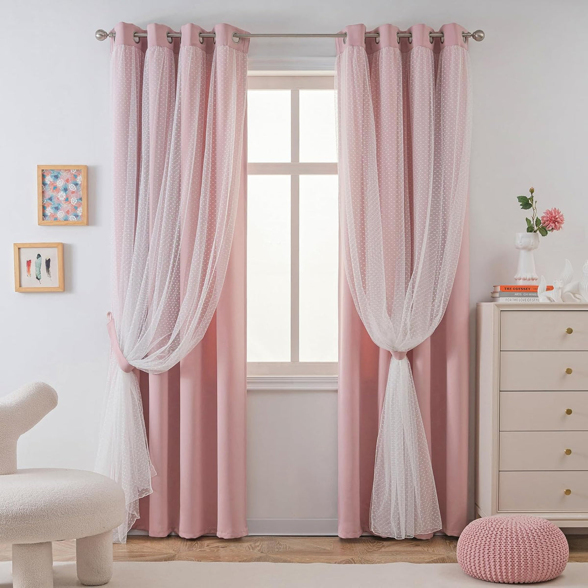 MYSKY HOME Pink Blackout Curtains - Double Layer Drapes with Polka Dots | 52x84 Inch, 2 Panels for Girls' Bedroom