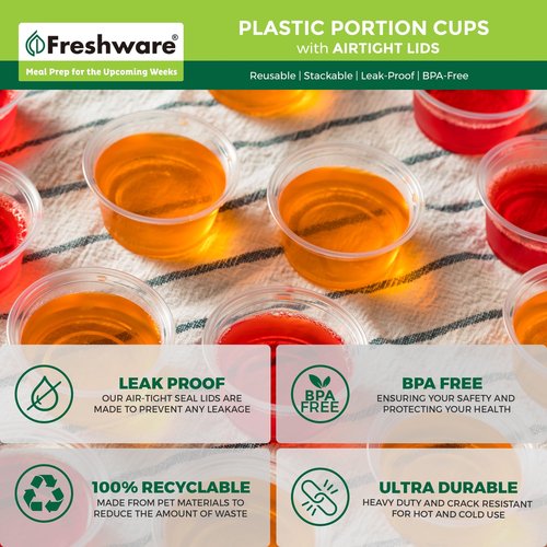 Freshware Plastic Portion Cups with Lids [2 Ounce, 200 Sets] Disposable Plastic Cups for Meal Prep, Salad Dressing, Jellos Shot Cups, Souffle Cups, Condiment and Dipping Sauce Cups