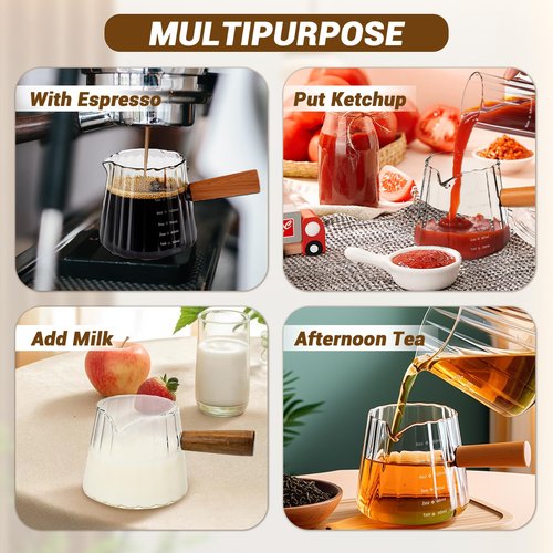 Espresso Measuring Cup 6 Oz, Espresso Glass Cups with Wood Handle, Milk Frothing Cup, Espresso Cup for Coffee, Milk, Tea or Maple Syrup Serving