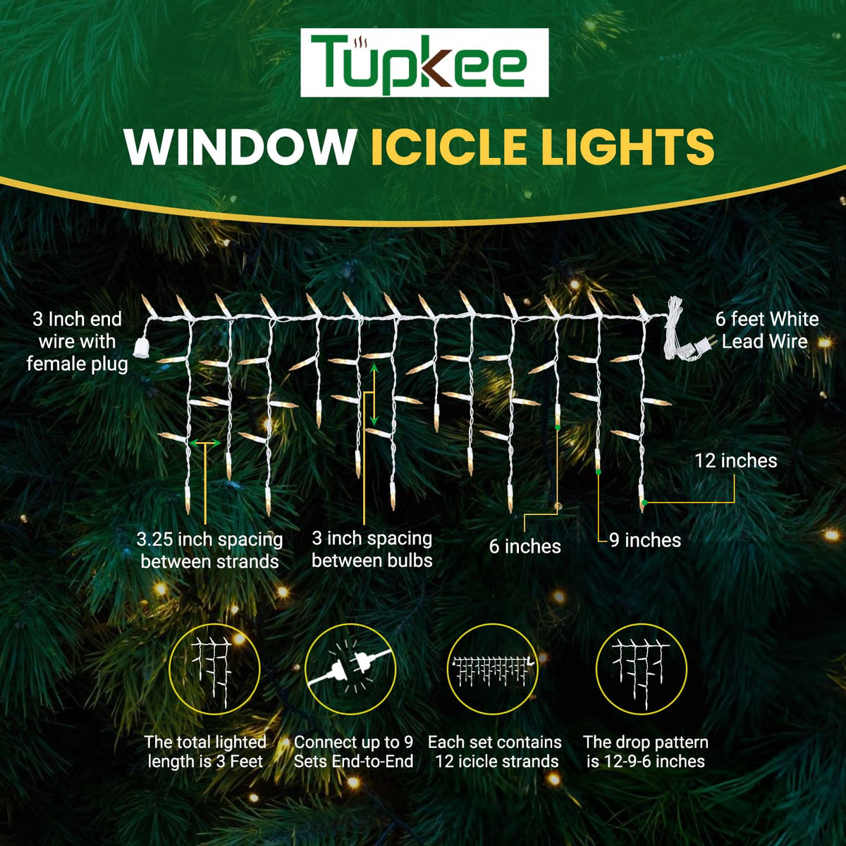 Tupkee Twinkle Window Icicle Lights - 50 Clear Bulbs, 3 Feet, Indoor/Outdoor, Model GSIZA-50A