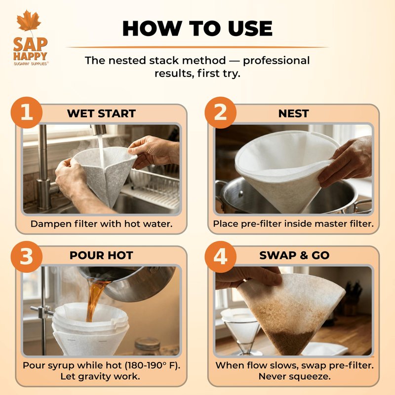 SAP HAPPY Maple Syrup Filter Kit — Orlon Cone Filter & 5 Pre Filters for Finishing Maple Sap, Reusable Heavy-Duty Synthetic Strainer Set, Removes Sugar Sand & Niter, Includes How-To Guide
