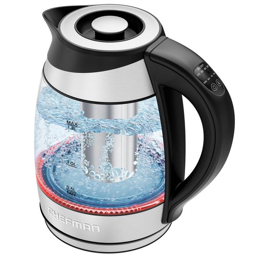 Chefman Electric Kettle with Temperature Control, 5 Presets LED Indicator Lights, Removable Tea Infuser, Glass Tea Kettle & Hot Water Boiler, 360° Swivel Base, BPA Free, Stainless Steel, 1.8 Liters