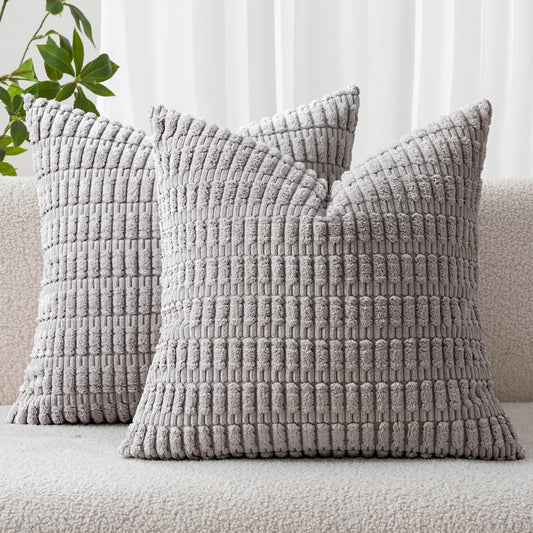 MIULEE Corduroy Throw Pillow Covers - Soft Boho Striped Design | 16x16 Inch Light Grey Decor