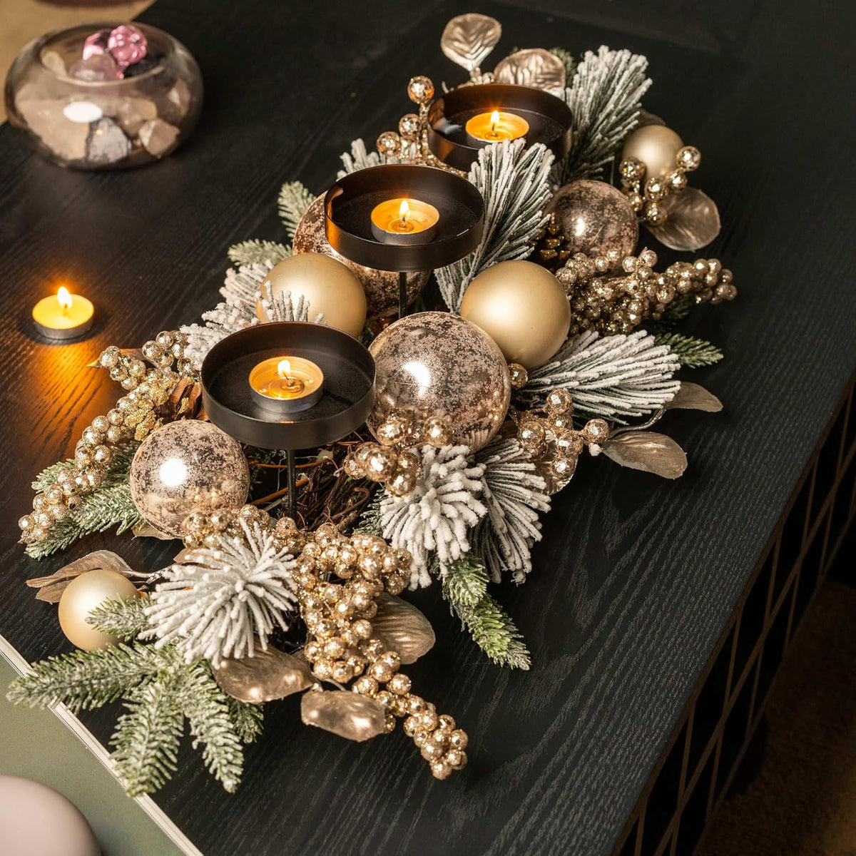 YULETIME 28" Christmas Triple Candelabrum - Elegant Holiday Candle Holder with Gold Baubles & Flocked Pine Needles