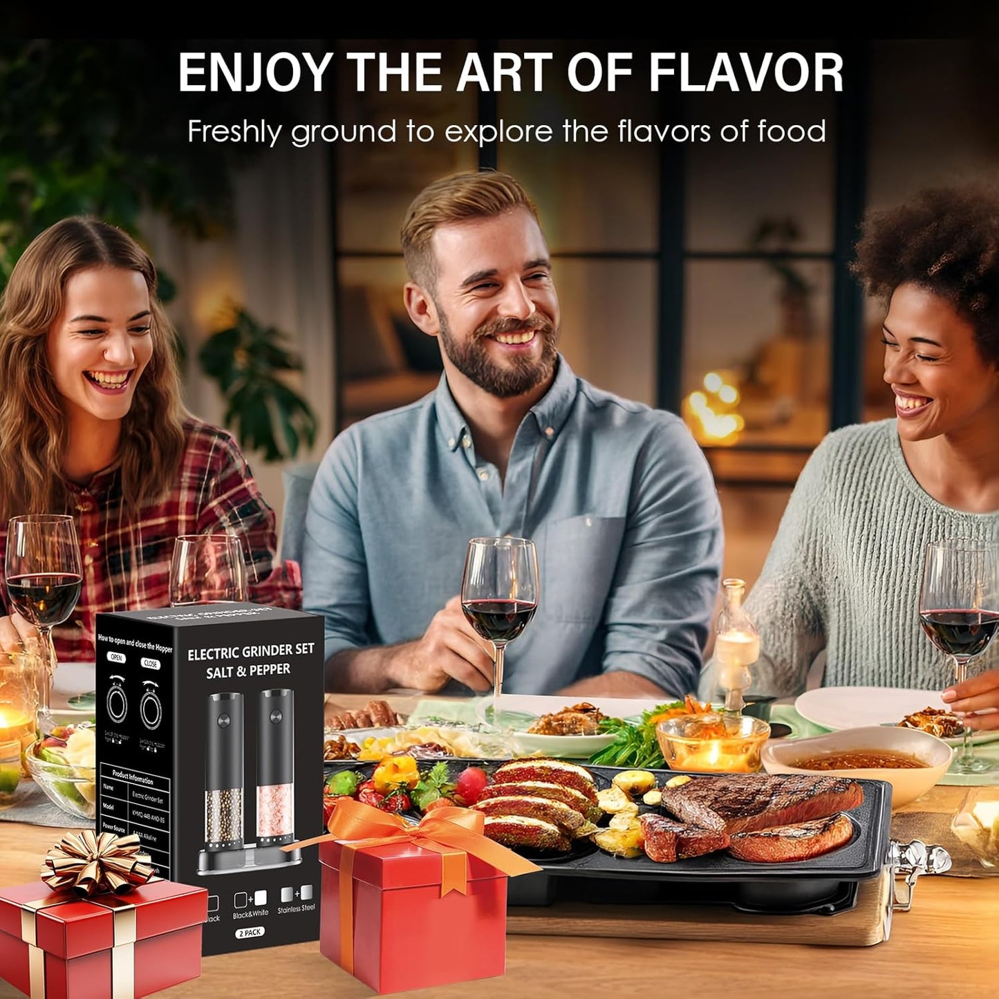 Skiennix Electric Salt and Pepper Grinder Set - Automatic Shakers with 6-Level Coarseness | Black