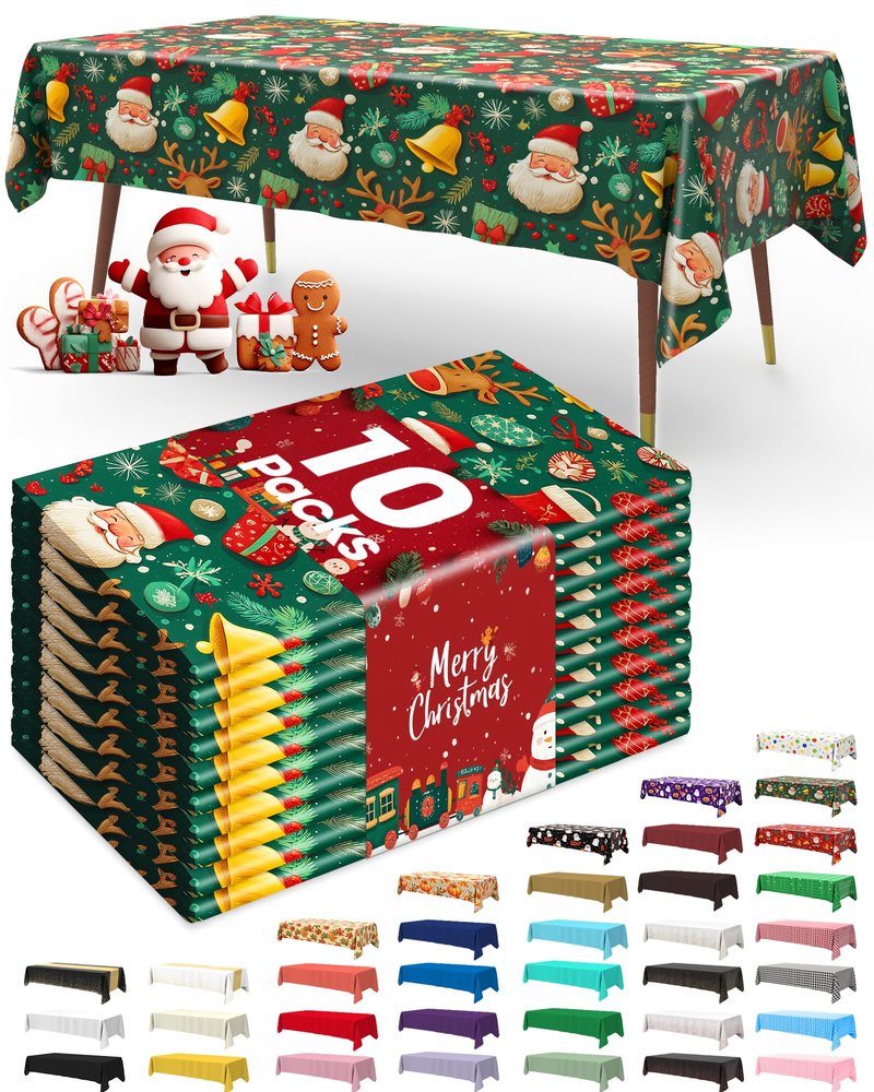 Pureegg Plastic Table Cloth Disposable 10 Pack, 54 x 108 Inch Table Cloths for Parties, Decorative Tablecloths for Rectangle Tables, Christmas Tablecloth Plastic, Leakproof & Sturdy, Christmas Green