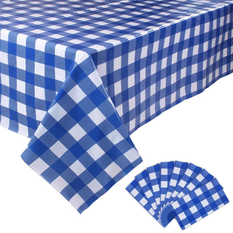 Kesfey 8 Packs Bule and White Checkered Tablecovers 54 x 108 Inches Disposable Party Picnic Table Cloth SpillProof Plastic Gingham Tablecovers for Camping Decoration Party Favors