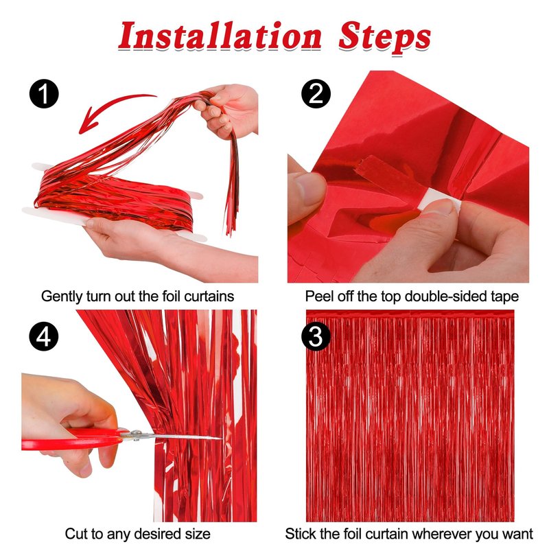 4 Pack Red Backdrop, 3.28 FT x 7.05 FT Party Streamer, Valentines Day Metallic Birthday Tinsel Backdrop Foil Fringe Curtains, Door Streamer for Red Party Decorations Casino Decor Photo Booth Props